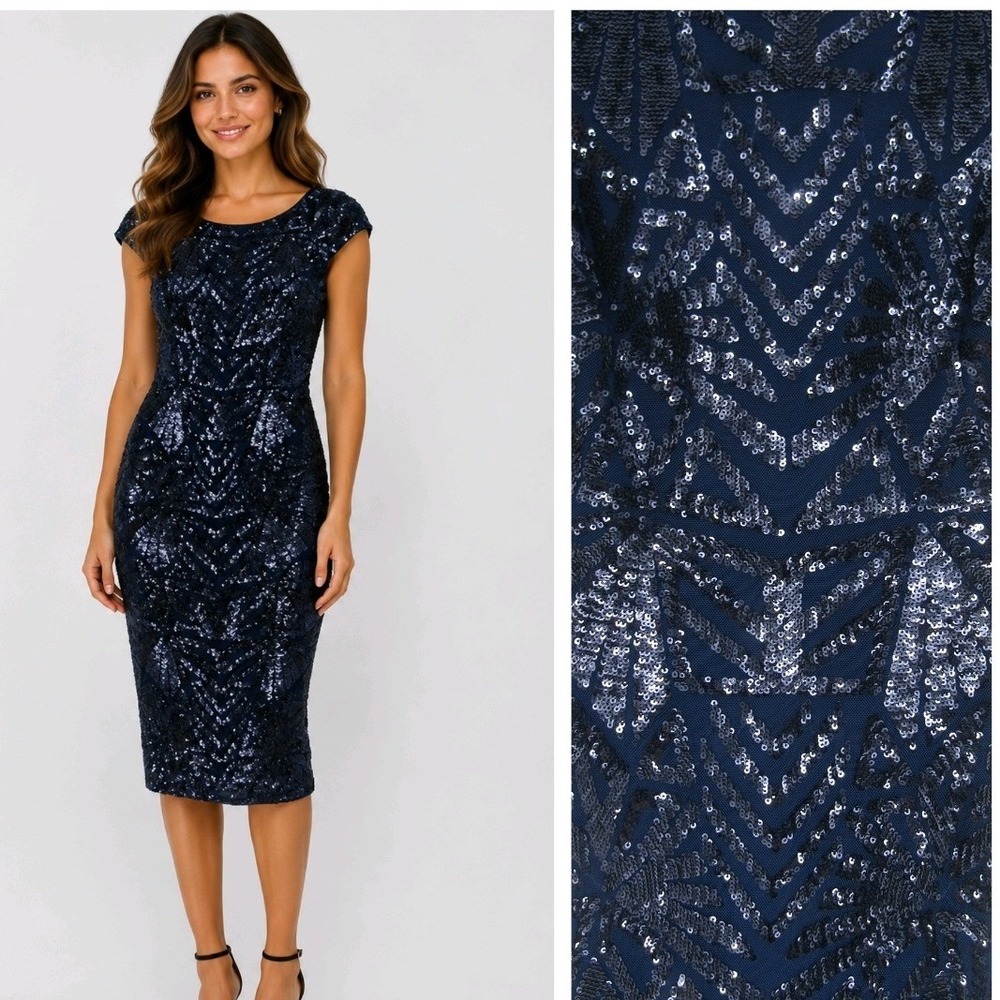 Dress the Population Sequin Bodycon Mini Dress Navy Blue Cocktail Glam Artsy Boh